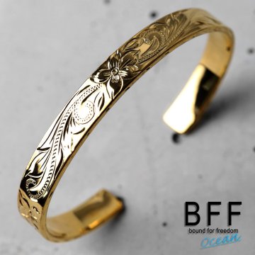 BFF ブランド ハワイアンバングル 幅8mm ゴールド 18K GP gold 平打ちバングル 腕輪 メンズ レディース 手掘り ハワイアンジュエリー 専用BOX付属
