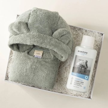 フード付ポンチョ　ランドリーリキッド 　送料無料　BABY BATH＆LAUNDRY BOX / HOODED PONCHO / ミント　ベビー服　オーガニックコットン100%　耳付きポンチョ　洗濯用洗剤　無香料　贈り物 ギフトセット プレゼント ベビー　赤ちゃん　男の子　女の子 気が利く　縁起がいいもの　おしゃれ　ハイブランド　ハイセンス　10000円以内　出産祝い