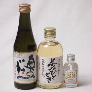 夢のひとときとハーフサイズ3本セット(奥の松 純米大吟醸スパークリング（福島県） 井上酒造 麦焼酎夢のひととき25度（大分県） 小正醸造 コマサジン桜島小ミカン45度（鹿児島県）) 290ml×1本 300ml×1本 45ml×1本