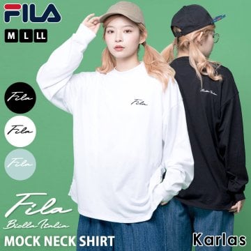  ＷEB限定 FILA フィラ Tシャツ ロンT レディース メンズ  長袖 モックネック ブランド ビッグシルエット オーバーサイズ 大きめ ゆったり ロゴ刺繍 ドロップショルダー  韓国 おしゃれ シンプル 男女兼用 ユニセックス トップス 白 黒 チャコール 敬老の日 プレゼント ギフト