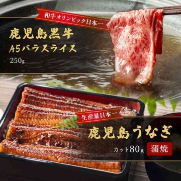 鹿児島県産 うなぎ蒲焼 カット 80g 鹿児島黒牛 A5ランク バラスライス 250g セット 国産 和牛 鰻 ウナギ すき焼き しゃぶしゃぶ 食べ比べ ギフト 贈り物 お祝い 内祝い 冷凍