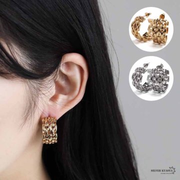 安心のステンレス素材 おしゃれ フープピアス シルバー ゴールド 18k gp 18金仕上げ 大きめピアス 両耳 チェーンピアス 太幅 大人 金属アレルギー対応 イヤリング