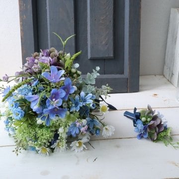 ブルー系クラッチブーケ 紫陽花 造花 前撮り 結婚式 フォトウェディング サマーウェディング 427