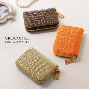 ミニ財布 レディース クロコダイル 革 コンパクト 財布 シャイニング加工 ラウンドファスナー ゴールド金具 小さめ 小さい財布 本革 実用的 ギフト プレゼント ファスナー開閉 ワニ 鰐革 艶 カード入れ 小銭入れ コインケース (06000858r) クリスマス 女性 春財布 小銭入れ 定年退職 バレンタイン 成人祝い