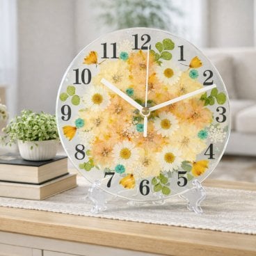 ◆人気のギフト 押し花 花時計 φ18cm【ラークスパー・オレンジ ラージサイズ 掛時計 置時計】 押し花をレジンでコーティングしたハンドメイドの可愛い花時計！