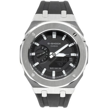 G-SHOCK メタル カシオーク カスタム GA2100  シルバー ステンレス製 ブラックラバーバンド バタフライバックル