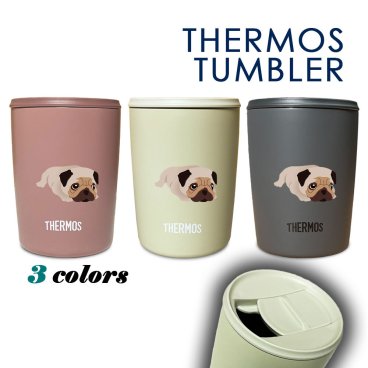 【新商品】 パグ サーモス 蓋つき タンブラー 300ml 保温 保冷 ステンレス マグカップ ふた スライド ワンタッチ 真空 断熱 二重構造 オリジナル ブルドッグ 犬 ペット