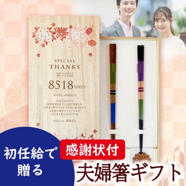 初任給 初ボーナス 両親 お母さん お父さん 祖父母 プレゼント ギフト 感謝状【初ボーナス・初任給専用ギフト】子育て感謝状付き夫婦箸＆箸置きセット「春日」