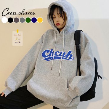 【送料無料】韓国風 ビッグシルエット フード付き カレッジロゴ フーディー パーカー