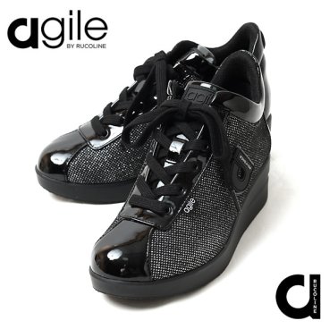 ルコライン スニーカー アージレ バイ ルコライン 靴 agile-002SI GLITTER ラメ生地 シルバー エナメル調合皮 黒 ブラックサイドファスナー付 ルコライン agile by RUCO LINE