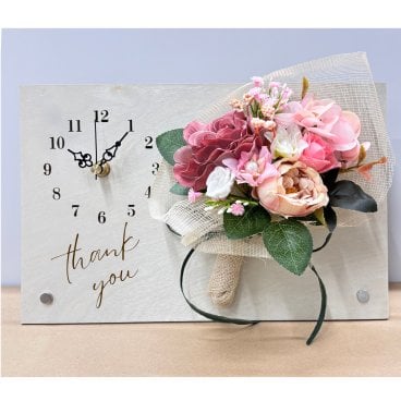 ◆花時計 【Wood Clock ウッドクロック・横型タイプA（時計左）・ホワイト/ピンク/ブルー/パープル／イエロー 】掛け時計・置時計 ハンドメイド 文字入れ・変更可能