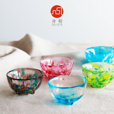 【津軽びいどろ】盃コレクション　ワングリ三つ足　木の芽　朝の露　春の宵　ねぶた囃子　手作り　日本製　おちょこ　ぐいのみ　ガラス食器　アデリア　石塚ガラス