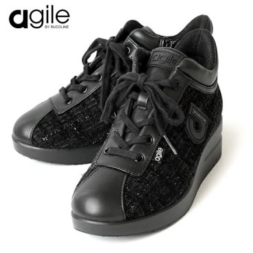 ルコライン 靴 アージレ バイ ルコライン スニーカー agile-018BK BOUCLE ツイード調生地 / 合皮 ブラック 黒 サイドファスナー付 agile by RUCO LINE