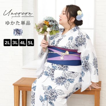 浴衣　大きいサイズ　レディース　ゆかた　大人　浴衣単品　３Ｌ　４Ｌ　ぽっちゃり　ふくよかさん向け　大きい　紺　向日葵