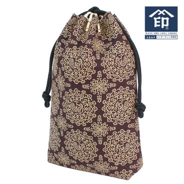 印伝 【甲州印伝 印傳屋 上原勇七】合切袋 巾着【当店特別発注】【マチ付き】【3005 孔雀唐草 紫地×白漆】 男性用 メンズ 女性用 レディース 鹿革 本革 レザー 和柄 ブランド 【YM02】