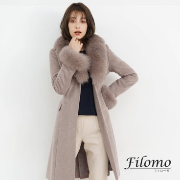Filomo カシミヤ ブレンド ロング コート ウール フォックス ファー トリミング 100cm レディース モカ/グレー/ブラック 9号/11号/13号 秋 冬 ファー付き ベルト付き ギフト (02000197r) クリスマス 母の日 女性 バレンタイン 成人祝い
