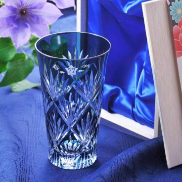 名入れ 切子グラス 笹の葉紋様 酎ハイグラス 紺 単品 木箱入り プレゼント 誕生日 SXX