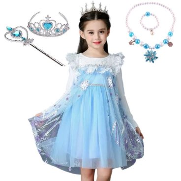 高品質 子供 ドレス アナ雪 プリンセス エルサ風 ワンピース お姫様 衣装 キッズ コスチューム ネックレス ティアラ ステッキ セット 女の子 コスプレ 発表会 誕生日 ギフト ハロウィン プレゼント クリスマス 長袖 100-140 なりきりアイテム