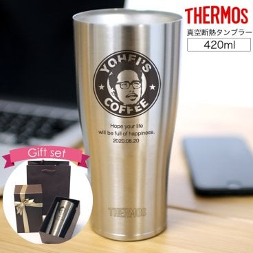 サーモスTHERMOS似顔絵タンブラー420ml(コーヒーショップ)真空断熱タンブラー 送別会 壮行会 転職 退職祝い 上司 父の日 母の日 先生 卒業 卒園 誕生日祝いなど感謝の気持ちが伝わる実用的でユーモアのある贈り物(JDE-420)