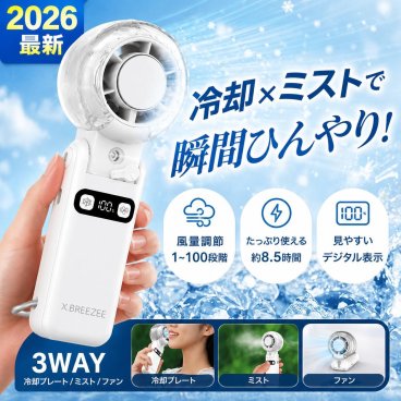 2026最新 ハンディファン 冷却プレート ミスト 搭載 3in1 100段階 強風 静音 3WAY 3600mAh Type-C USB充電 ハンディ扇風機 卓上 首かけ カラビナ HDL-3595