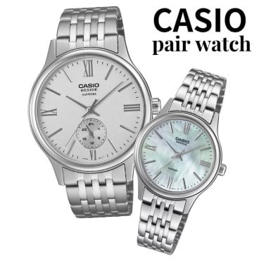 ペアウォッチ 2本セット CASIO カシオ ペア 腕時計 海外モデル サファイアガラス シルバー ブルーシェル メタルベルト カップル 夫婦 記念日 プレゼント BESIDE ビサイド 成人 卒業 入学