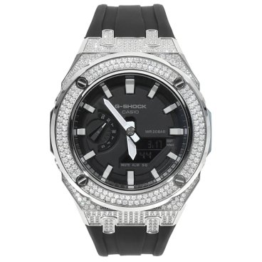 G-SHOCK GA2100 メタル カスタム フルカスタム カシオーク CZジルコニア　ラバーバンド シルバー ステンレス製 ブラックダイヤル