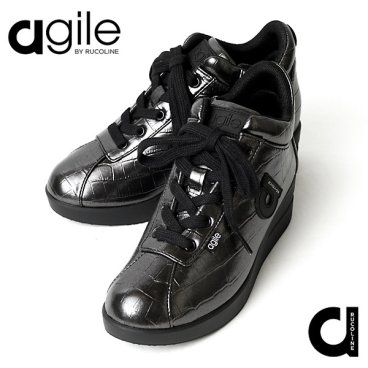 ルコライン 靴 アージレ バイ ルコライン スニーカー agile-015BK PU CROCO 光沢 メタリック調 ブラック ダークグレー クロコダイル型押し 合皮 クロコ柄 サイドファスナー付 ３E 幅広 レディース シューズ ルコライン agile by RUCO LINE ルコライン靴