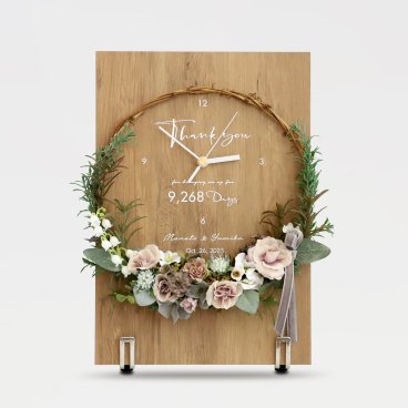 木製パネルとリースの花時計／ナチュラル・バーチ（スタンド付き）