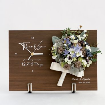 木製パネルとブーケの花時計／ブラウン・ココア（スタンド付き）