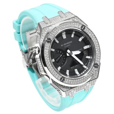 G-SHOCK GA2100 メタル カスタム ターコイズ カシオーク CZダイヤ（キュービックジルコニア）シルバー ステンレス製  ブラックダイヤル
