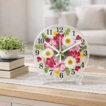 ◆人気のギフト 押し花 花時計 φ15cm 【ラークスパー・ピンク  掛時計 置時計】 押し花をレジンでコーティングしたハンドメイドの可愛い花時計！