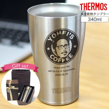 サーモスTHERMOS似顔絵タンブラー(340ml)コーヒーショップロゴ　真空断熱タンブラー　父の日 母の日 送別会 壮行会 転職 退職祝い 上司 先生 卒業 卒園 誕生日祝いなど感謝の気持ちが伝わる実用的でユーモアのある贈り物