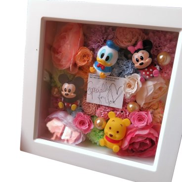結婚祝いプレゼント ディズニー ミッキー ミニー 花 プリザーブドフラワー入り 壁掛け ミッキー ミニー ＋ おまかせキャラクター4個入り ◆誕生日プレゼント・記念日の贈り物におすすめのフラワーギフト