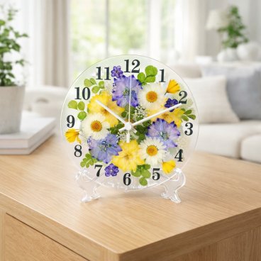 ◆人気のギフト 押し花 花時計 φ15cm【ラークスパー・ラベンダー  掛時計 置時計】 押し花をレジンでコーティングしたハンドメイドの可愛い花時計！