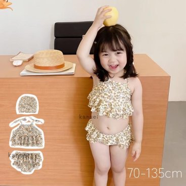 3点セット セパレート キャミソール 水着 女の子 ベビー水着 女の子 フリル水着 80 キッズ水着 韓国 女の子 水着 女児 フリフリ キュート スイムキャップ付き ナチュラル 花柄 総柄 ベージュ アイボリー 上下セット