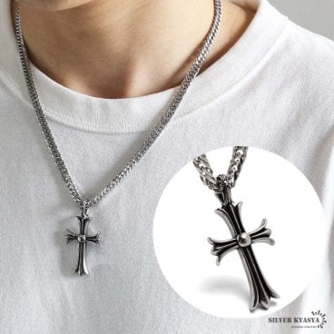ステンレス クロスネックレス 十字架 ペンダント シルバー ダブル喜平ネックレス 立体的 50cm 60cm 燻し風 メンズ 男性 金属アレルギー対応