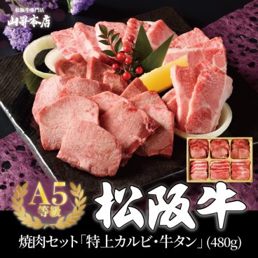 【松阪牛 焼肉セット 特上カルビ 牛タン 480g（2人前～3人前）】A5等級 厳選 霜降り 松阪牛 焼肉セット 焼き肉 特上カルビ 和牛 厳選 牛タン たん元 お歳暮 ギフト 肉 和牛