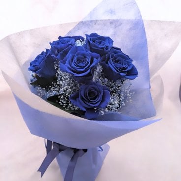 プリザーブドフラワー青い薔薇11本とブルーかすみ草の花束／奇跡．神の祝福．夢かなう