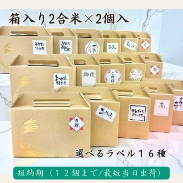 短納期20個まで【2合米2個入】箱入りお米プチギフト(ご挨拶シール付き/令和7年産山形県産はえぬき/約2合・300g×2個入り）　手土産 内祝 セット ノベルティ 記念