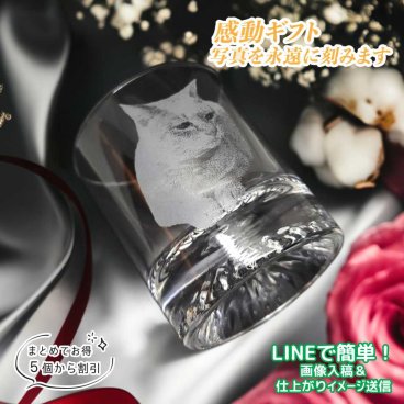 ロック グラス 写真 彫刻 ペット写真 名入れ ペット グッズ オリジナル オーダーメイド 犬 猫 名入り 写真入り ロックグラス 底面カット