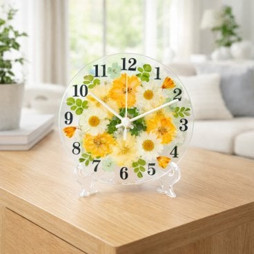 ◆人気のギフト 押し花 花時計 φ15cm【ラークスパー・オレンジ  掛時計 置時計】 押し花をレジンでコーティングしたハンドメイドの可愛い花時計！