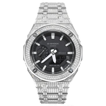 G-SHOCK GA2100 メタル 全面CZジルコニアカスタム カシオーク シルバー ステンレス製 ブラックダイヤル