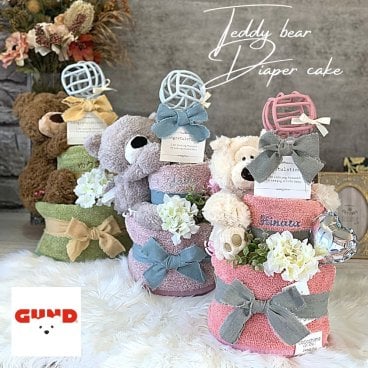 【オーボール・テディベア】出産祝い 名入れ 刺繍おむつケーキ 男の子 女の子 ぬいぐるみ 今治タオル 3段 テディベア 今治タオル cocochiena ココチエナ 誕生日 ベビーギフト 送料無料