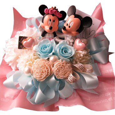 ブルーローズ ディズニー 結婚祝い ミッキー ミニー 花束風 フラワーギフト ブルーローズ・水色バラ プリザーブドフラワー入り ウェディングドール ケース付き 花