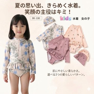 キッズ 水着 女の子 ラッシュガード 長袖 2点セット 帽子付き UVカット 日焼け防止 ワンピース 子供水着 ベビー スイムウェア ガールズ 90 100 110 120 130 海 プール
