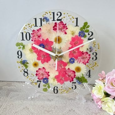 ◆人気のギフト 押し花 花時計 φ18cm【フィオーレ ラージサイズ 掛時計 置時計】 押し花をレジンでコーティングしたハンドメイドの可愛い花時計！