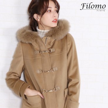 カシミヤ ブレンド ダッフル コート レディース 冬 ウール フォックス ファー フード 付き Filomo フィローモ ゴールド金具 キャメル/ネイビー/ブラック 秋冬 ギフト  (02000194r) クリスマス 母の日 女性 バレンタイン 成人祝い