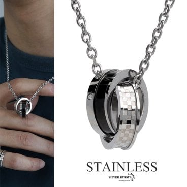 ステンレス stainless ダブルリングネックレス シルバー ペンダント リング ブラック シンプルネックレス メンズ 定番 かっこいい ストーン付き チェーン付き 父の日 男性