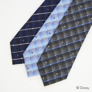 ディズニー／ネクタイ 　(ミツマルシルエット　グラデーションチェック柄)  グレー、水色、紺　Disney necktie ポリエステル100%　プレゼント ギフト　新生活 新社会人 新入社員 フレッシャーズ　ブランドネクタイ  父の日　クリスマス　バレンタイン　キャラクター　ミッキー　DND50037