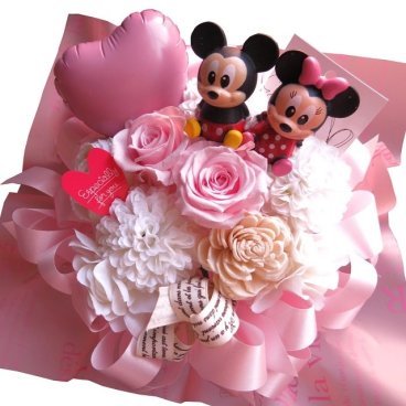 結婚祝い 結婚記念日 友達 夫婦  ミッキーミニー 他入り ピンク＆ホワイト仕上げ プリザーブドフラワー入りギフト ケース付き 誕生日プレゼント クリスマス◆ディズニーマスコット種類はおまかせです